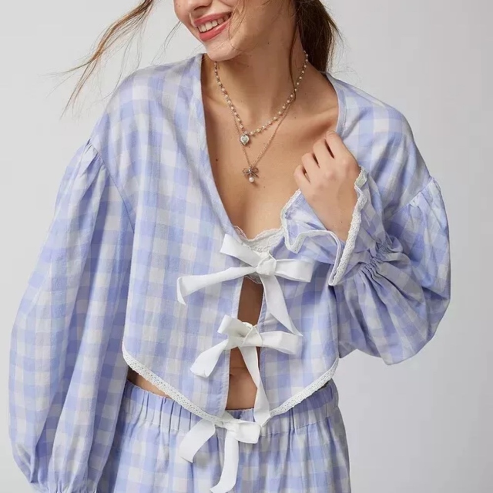 UO Out from Under Charlotte Bow Blouse L Purple Gingham Crop Cottage Prairie